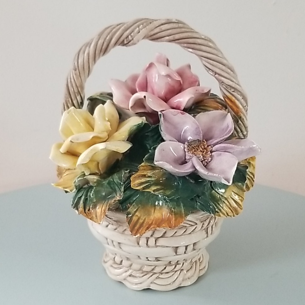 Basket Of Yellow & Pink Roses - Capodimonte